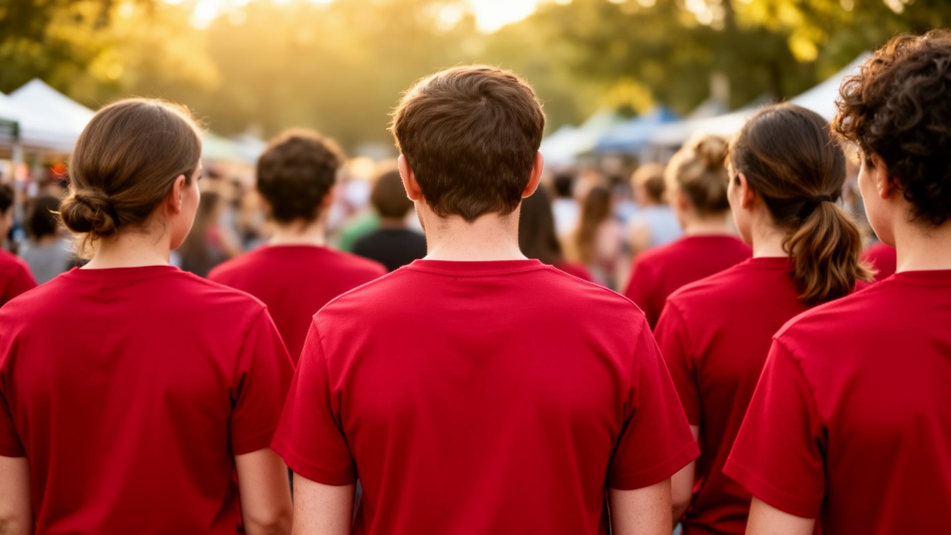 A group of teammates photographed from behind at a golden-hour outdoor event, all wearing matching crimson red custom-decorated Spot Color Threads crew t-shirts.