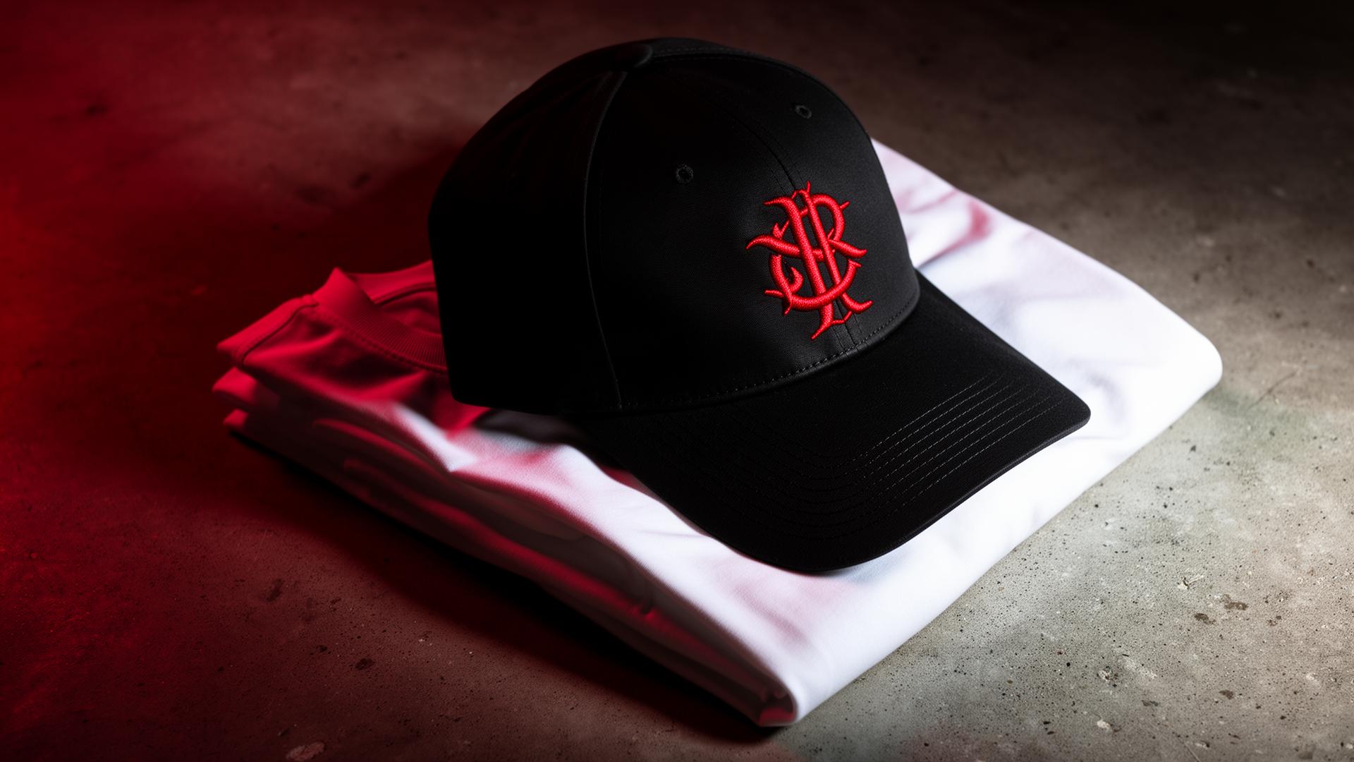 Embroidered black cap with red logo resting on folded premium tees in a custom apparel studio