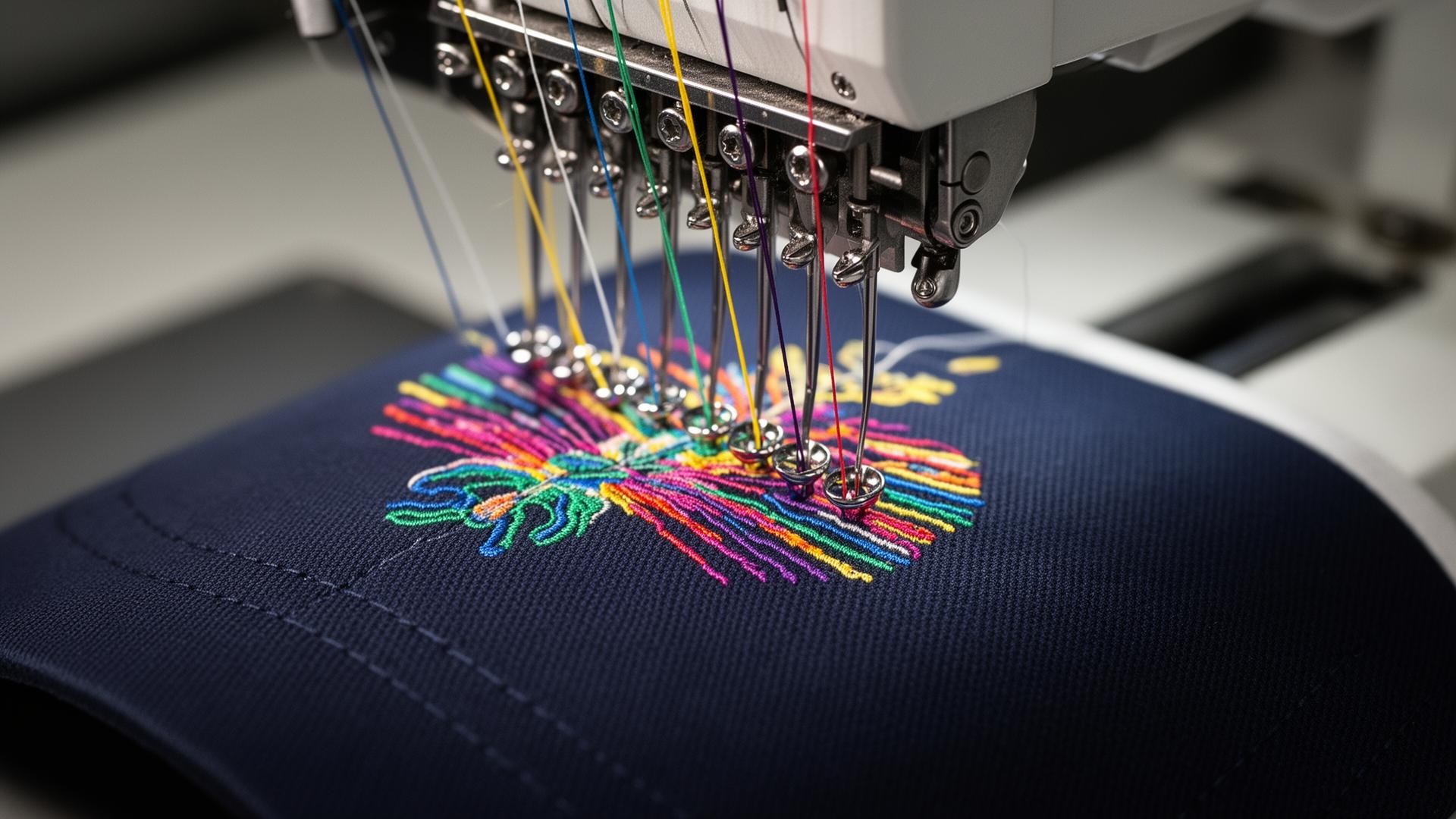15-needle commercial embroidery machine stitching a colorful design onto a navy cap